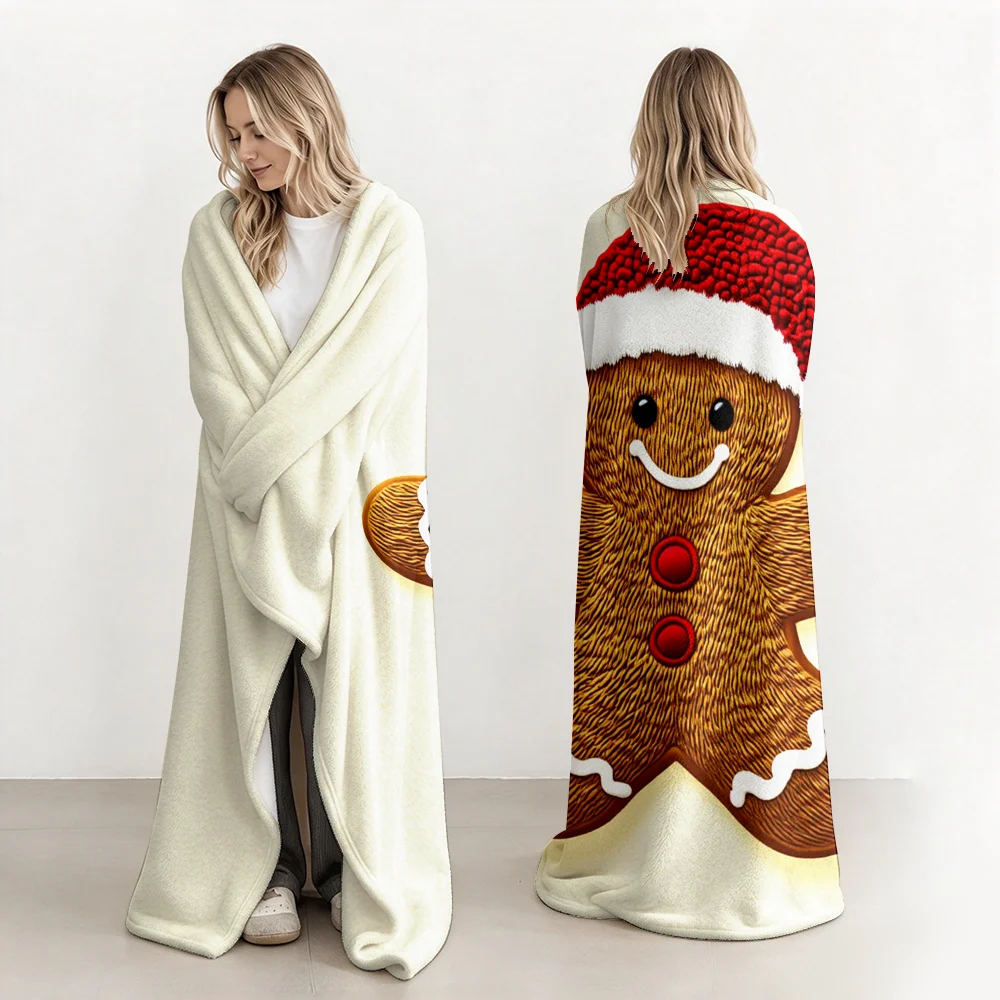Christmas Gingerbread Man Print Wearable Blanket – Soft & Cozy for Men and Women